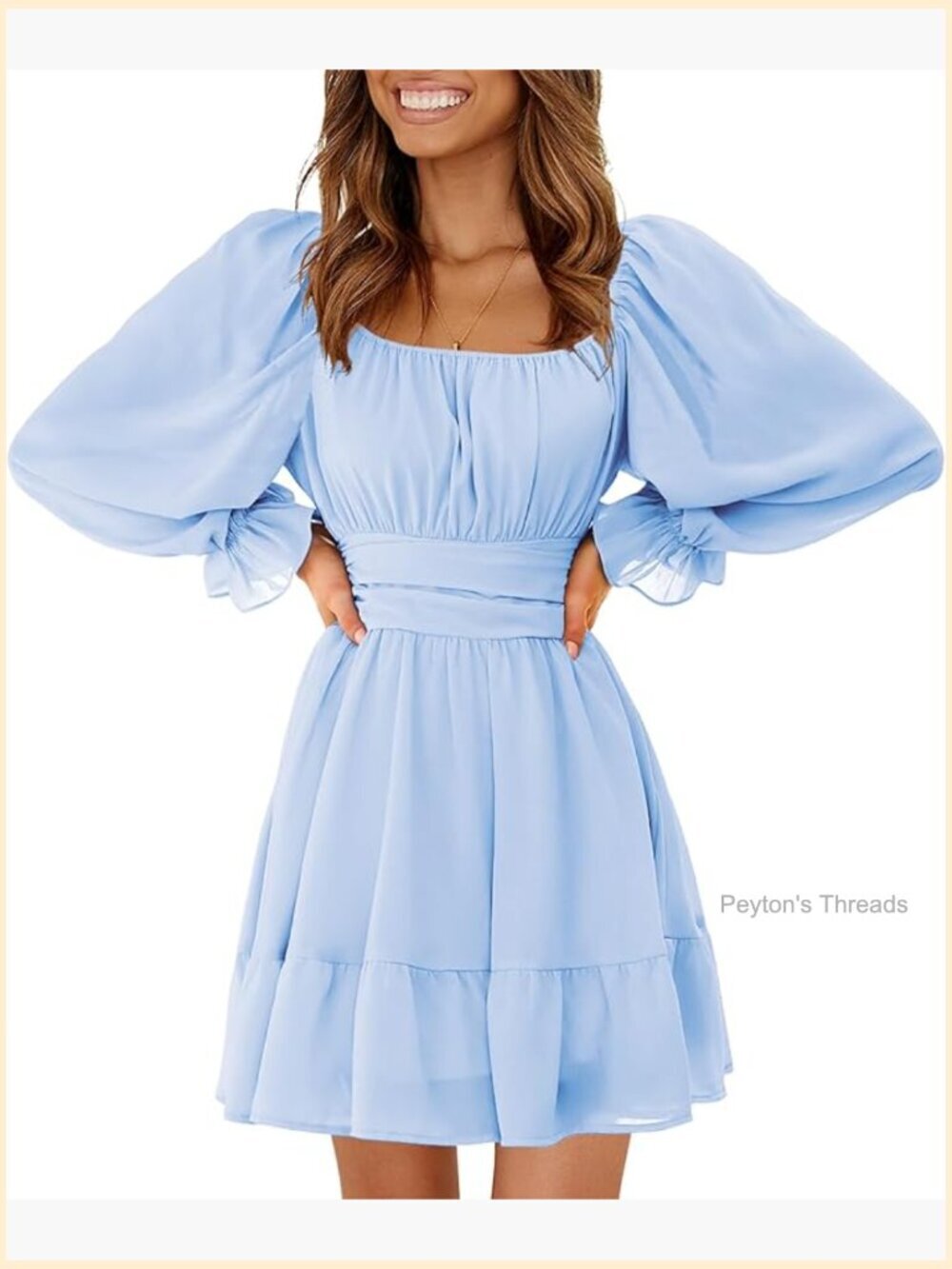 Casual Long Lantern Sleeve Square Neck Ruffle Tie Back Elastic Waist A-Line